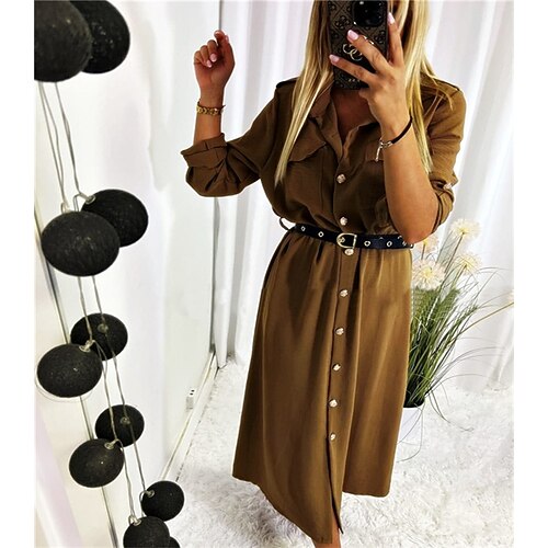

Women's Shift Dress Midi Dress Dark Green Brown Long Sleeve Pure Color Button Pocket With Belt Winter Fall Shirt Collar Fashion Elegant Fall Dress 2022 S M L XL 2XL / Winter Dress