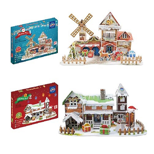 

2 stücke 3d puzzle weihnachten hütte santa elch schneemann geschenk diy papiermodell für junge mädchen geschenk