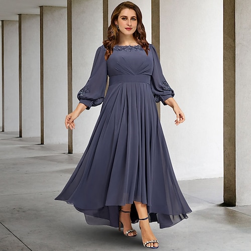 

A-Line Plus Size Curve Mother of the Bride Dresses Elegant Dress Formal Asymmetrical 3/4 Length Sleeve Jewel Neck Chiffon with Pleats Appliques 2022