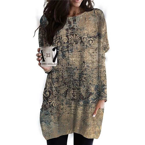 

Women's Casual Dress T Shirt Dress Tee Dress Shift Dress Khaki Long Sleeve Floral Pocket Winter Fall Autumn Crew Neck Winter Dress Fall Dress Loose Fit 2022 S M L XL XXL 3XL