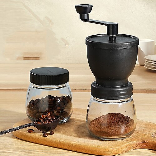 

Manual Coffee Mill Grinder , Two Clear Glass Jars 11OZ Each, with Stainless Steel Handle and Silicon Cover