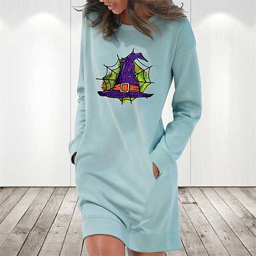 

Women's Hoodie Dress Winter Dress Light Blue Grey White Long Sleeve Print Pocket Print Winter Fall Crew Neck Stylish Casual Fall Dress Loose Fit 2022 S M L XL 2XL / Cotton / Halloween