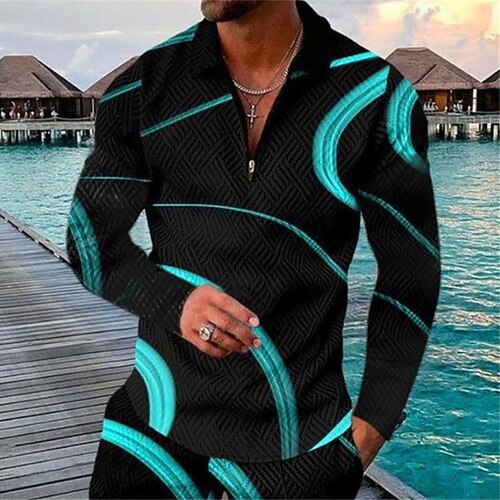 

Men's Collar Polo Shirt Golf Shirt Graphic Prints Geometry Turndown Blue 3D Print Outdoor Street Long Sleeve Zipper Print Clothing Apparel Fashion Designer Casual Breathable