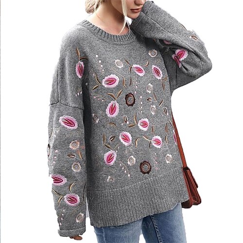 

Women's Pullover Sweater jumper Jumper Ribbed Knit Knitted Print Floral Crew Neck Stylish Casual Outdoor Daily Winter Fall Gray S M L / Long Sleeve / Regular Fit / Going out