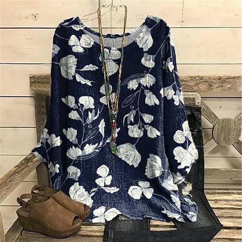 

Mulheres Plus Size Blusas Blusa Camisa Social Floral Imprimir Manga Longa Crewneck Casual Diário Férias Poliéster Inverno Outono Azul / Tamanho Grande