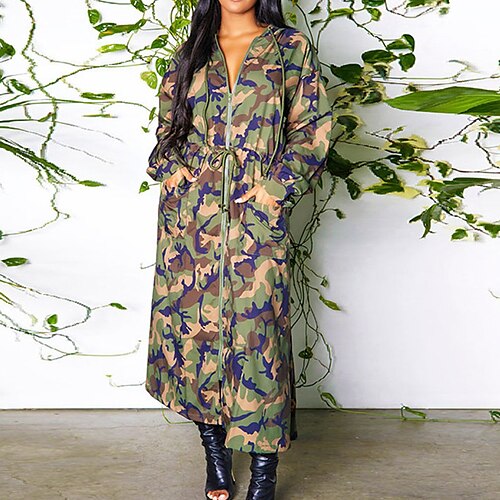 

Women's Trench Coat Breathable Outdoor Daily Wear Vacation Going out Pocket Print Zipper Hoodie Active Chic & Modern Comfortable Street Style Camo Regular Fit Outerwear Long Sleeve Winter Fall