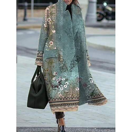 

Women's Winter Jacket Winter Coat Comfortable Street Casual Daily Weekend Pocket Print Double Breasted Collarless Casual Street Style Flower Regular Fit Outerwear Long Sleeve Winter Fall Green S M L