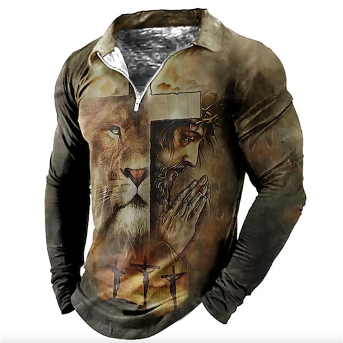 

Men's Collar Polo Shirt Golf Shirt Lion Portrait Cross Turndown Khaki Gray 3D Print Street Casual Long Sleeve Zipper Print Clothing Apparel Vintage Designer Casual Breathable