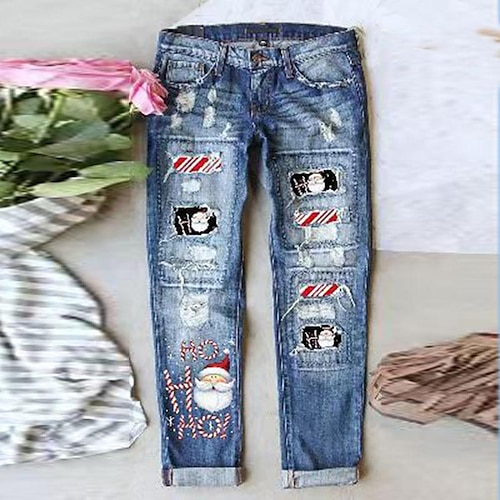 

Women's Jeans Distressed Jeans Denim Blue Fashion Christmas Christmas Street Casual Side Pockets Baggy Micro-elastic Full Length Comfort Santa Claus S M L XL XXL / Cut Out / Ripped / Print