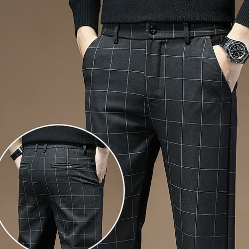 

Men's Joggers Chinos Trousers Plaid Dress Pants Chino Pants Pocket Straight Leg Plaid Comfort Breathable Work Daily Holiday Streetwear Stylish Black Dark Gray Micro-elastic