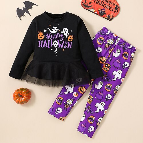 

Toddler Girls' Halloween Skull Clothing Set Set Long Sleeve Fashion Outdoor Cotton 3-7 Years Winter Purple / Fall
