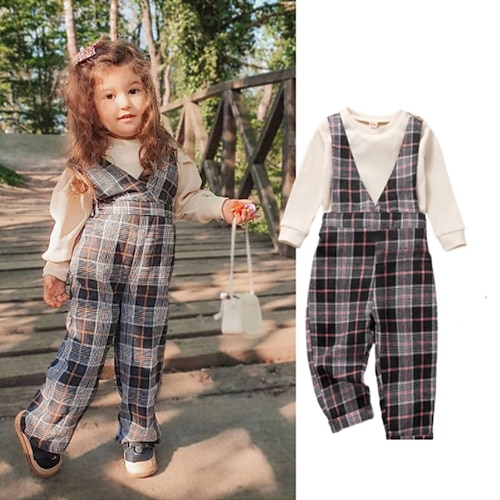 

2 Pièces T-shirt Pantalon Ensemble de Vêtements Tenues Enfants Fille Plaid manche longue Coton Set Vacances Mode Doux Hiver Automne 2-6 ans Beige