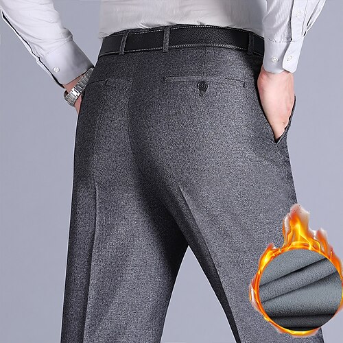 

Men's Dress Pants Fleece Pants Winter Pants Trousers Pocket Straight Leg Solid Colored Warm Breathable Office Business Chic & Modern Formal Blue Light Grey Micro-elastic