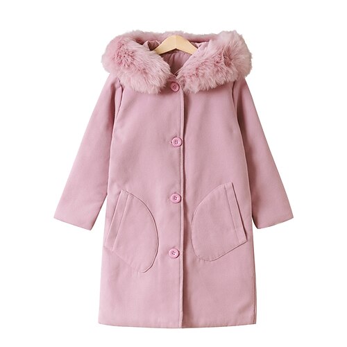 

Kids Girls' Woolen Coat Long Sleeve Pink Solid Color Pocket Winter Basic School 7-13 Years