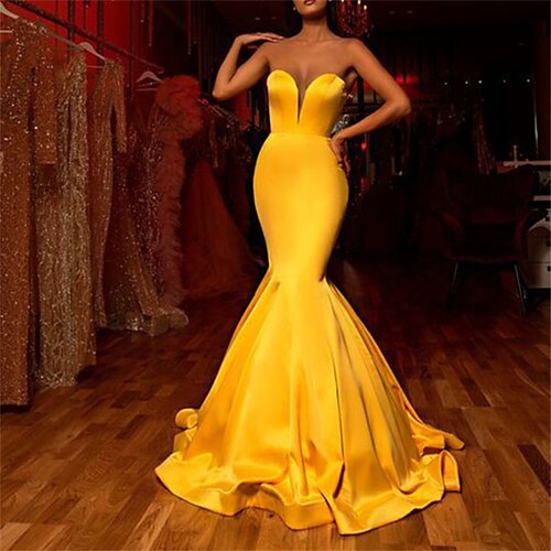 

Women's Party Dress Sheath Dress Long Dress Maxi Dress Yellow Sleeveless Pure Color Ruched Winter Fall Autumn Strapless Party Evening Party Slim 2022 S M L XL 2XL