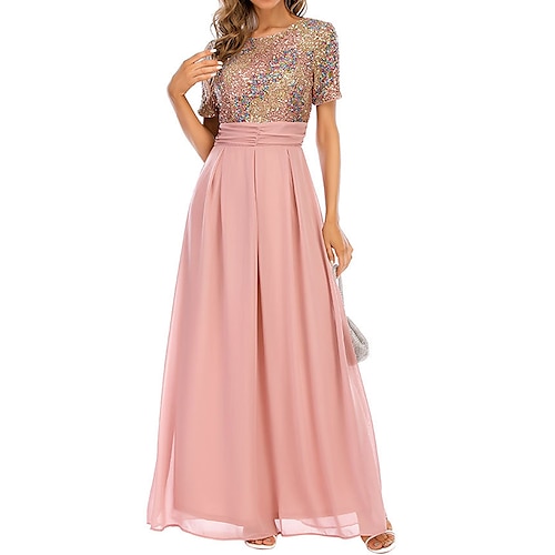 

Mulheres Vestido de lantejoulas Vestido Swing Rosa Manga Curta Cor imaculada Paetês Primavera Verão Gola Redonda Romântico 2022 S M L XL