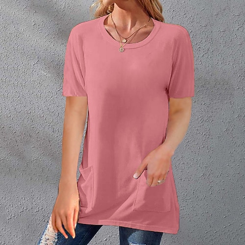 

Women's T shirt Tee Green Black Blue Plain Pocket Short Sleeve Casual Basic Round Neck Regular S