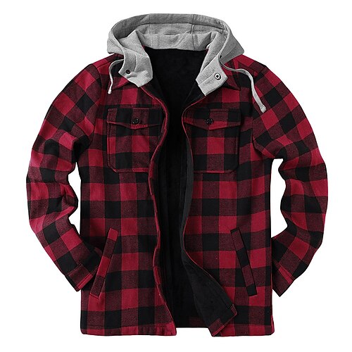 

Men's Winter Jacket Shirt Jacket Winter Coat Sherpa jacket Hoodie Jacket Flannel Jacket Warm Casual Jacket Outerwear Plaid / Check Black Green Blue