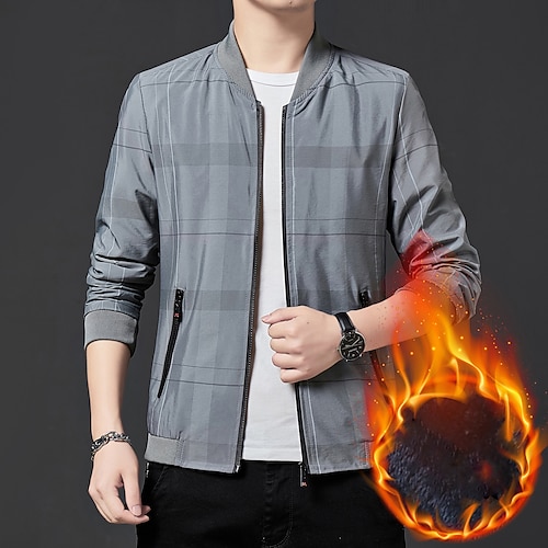 

Men's Bomber Jacket Casual Jacket Durable Casual / Daily Daily Wear Vacation To-Go Zipper Standing Collar Comfort Leisure Jacket Outerwear Plaid / Striped / Chevron / Round Zipper Pocket Navy Blue