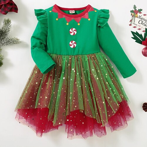 

Kids Girls' Christmas Dress Graphic A Line Dress Christmas Vacation Green Long Sleeve Princess Beautiful Dresses Christmas Fall Winter Regular Fit 2-6 Years