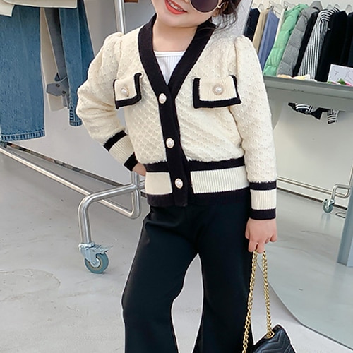 

Kids Girls' Cardigan Color Block Daily Long Sleeve Cute Cotton 2-8 Years Winter White