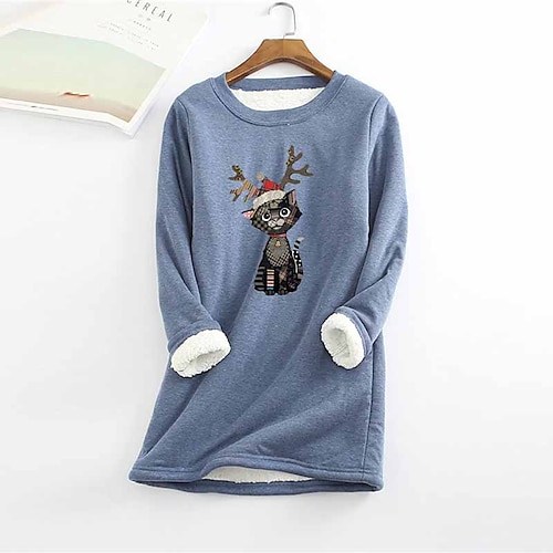 

Women's Plus Size Christmas Fleece Tops Animal Cat Print Long Sleeve Crew Neck Casual Sherpa Fleece Vacation Polyester Winter Fall Yellow Red / T Shirt Dress Tee Dress / Casual Dress