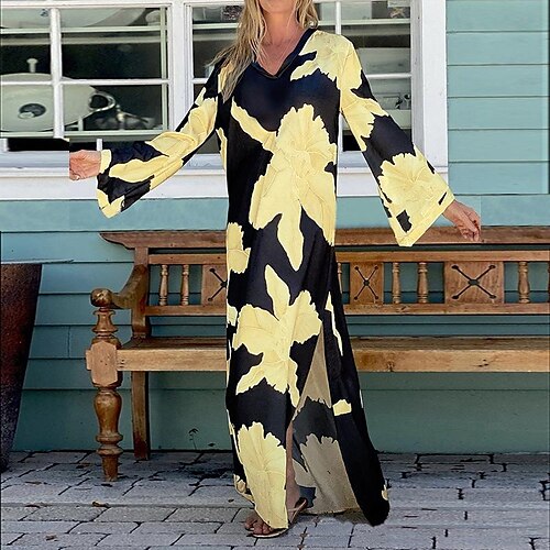 

Women's Swing Dress Boho Dress Long Dress Maxi Dress Green Black Pink Long Sleeve Floral Split Winter Fall Autumn V Neck African Winter Dress Fall Dress 2022 S M L XL 2XL 3XL