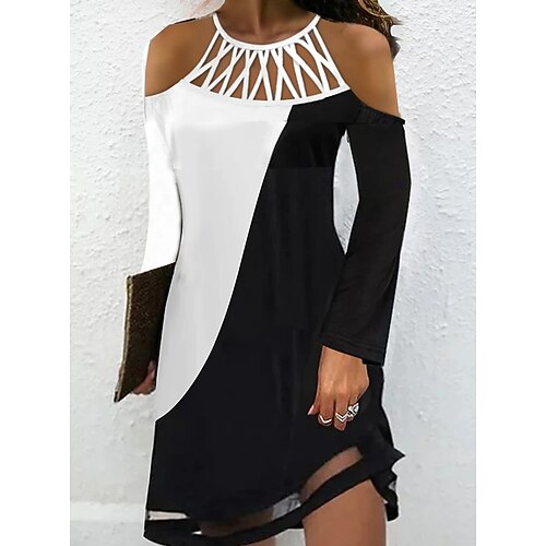 

Women's Sheath Dress Black Long Sleeve Color Block Patchwork Winter Fall Cold Shoulder Stylish Modern Fall Dress 2022 S M L XL 2XL 3XL / Winter Dress