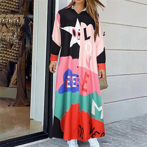 

Women's Casual Dress Shirt Dress Swing Dress Long Dress Maxi Dress Black Yellow Long Sleeve Color Block Button Winter Fall Autumn Shirt Collar Modern Winter Dress Weekend Fall Dress 2022 S M L XL XXL