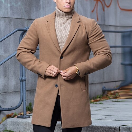 

Men's Casual Office Overcoat Long Tailored Fit Solid Colored Single Breasted Three-buttons Brown 2022 / Winter