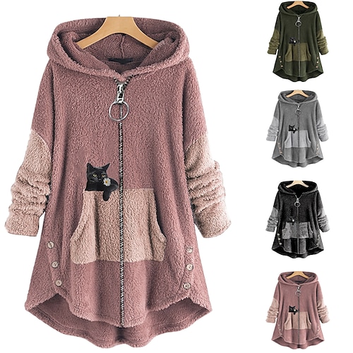 

Women's Plus Size Teddy Coat Winter Coat Animal Causal House Long Sleeve V Wire Regular Winter Fall Green Pink Dark Gray L XL XXL 3XL 4XL