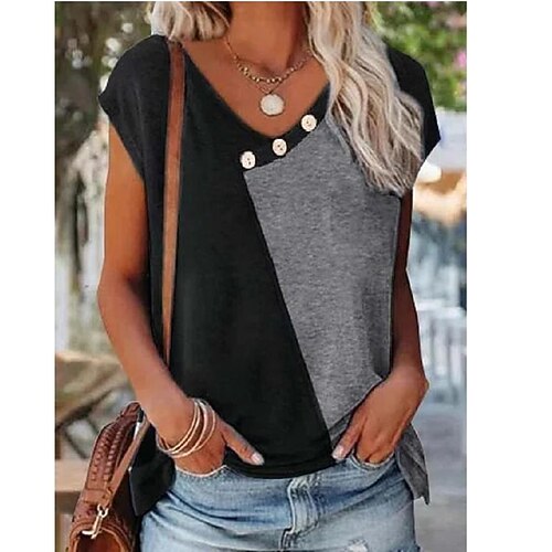 

spot cross-border hot sale 2022 new amazon women's stitching contrast color short-sleeved sweater v-neck button