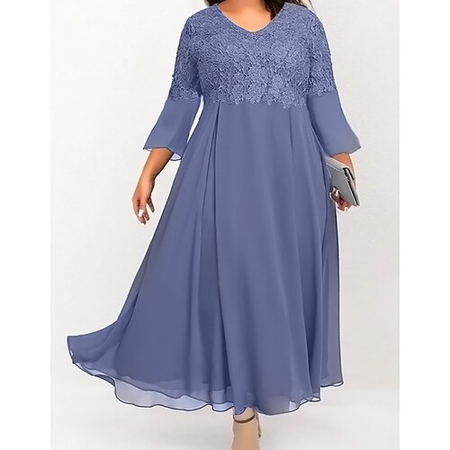 

Women's Plus Size Party Dress Solid Color V Neck 3/4 Length Sleeve Winter Fall Elegant Prom Dress Maxi long Dress Formal Party Dress
