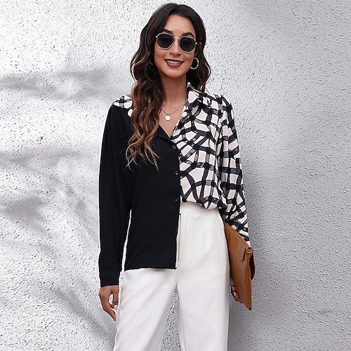 

houndstooth plaid stitching puff sleeve long-sleeved shirt women's shirt spring and autumn european and american foreign trade cross-border women's new