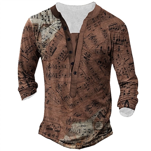 

Men's T shirt Tee Henley Shirt Tee Graphic Notes Henley Coffee 3D Print Outdoor Daily Long Sleeve Button-Down Print Clothing Apparel Basic Designer Classic Comfortable / Sports