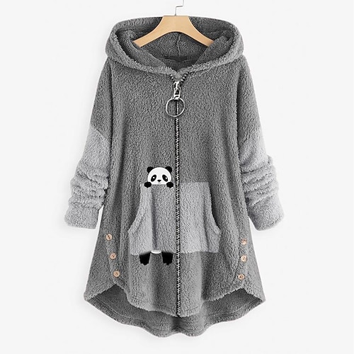 

Women's Shirt Fleece Shirts Green Pink Dark Grey Animal Zipper Pocket Long Sleeve Casual Basic Hooded Long S / Print