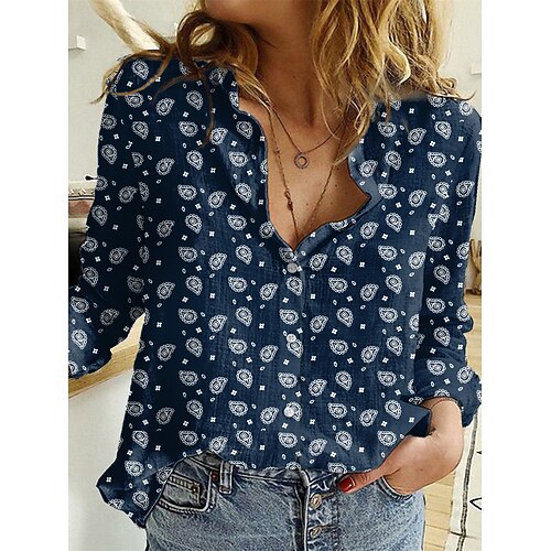 

Women's Blouse Shirt Blue Graphic Button Print Long Sleeve Casual Daily Basic Shirt Collar Regular S