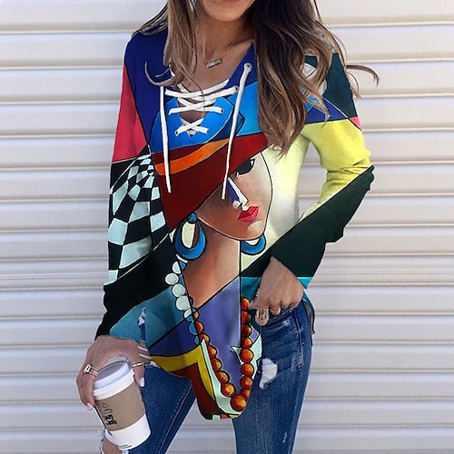

Women's Sweatshirt Pullover Streetwear Blue Graphic Street V Neck Long Sleeve S M L XL 2XL