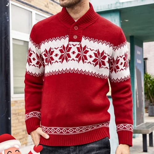 

Men's Sweater Ugly Christmas Sweater Pullover Sweater Jumper Ribbed Knit Cropped Knitted Tribal Standing Collar Keep Warm Modern Contemporary Christmas Work Clothing Apparel Fall & Winter Green Red M