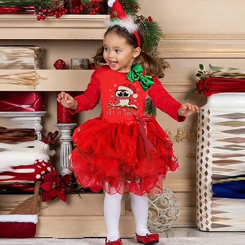 

Toddler Girls' Ugly Christmas Dress Cartoon A Line Dress Dress Anniversary Ruched Cotton Long Sleeve Active Dress 3-7 Years Winter Red