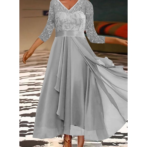 

Women's Lace Dress Swing Dress Midi Dress Gray 3/4 Length Sleeve Pure Color Jacquard Fall Winter V Neck Stylish Modern 2022 S M L XL 2XL 3XL