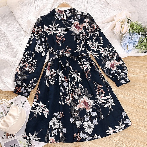 

Kids Girls' Floral Dress Floral A Line Dress Dress School Long Sleeve Cute Dress 5-12 Years Winter Dark Blue / Fall