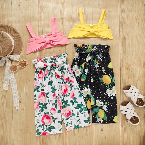 

3 Pieces Kids Girls' Clothing Set Outfit Solid Color Floral Sleeveless Print Cotton Set Outdoor Fashion Cute Summer 2-6 Years Pink Yellow