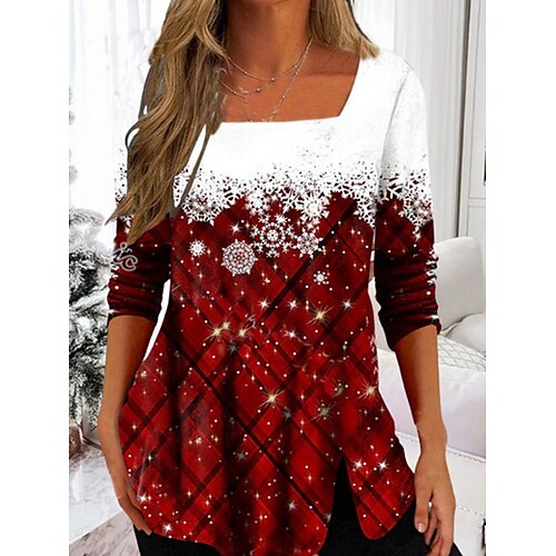 

Mujer Camiseta Rojo Plaid Copo Túnica fluida Estampado Manga Larga Navidad Fin de semana Básico Navidad Escote Cuadrado Regular Pintura S