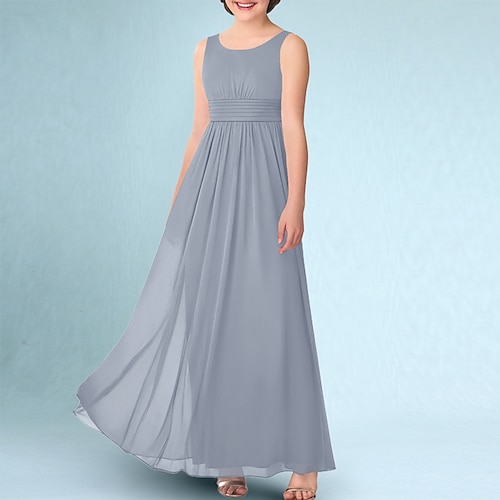 

A-Line Floor Length V Neck Chiffon Junior Bridesmaid Dresses&Gowns With Ruching Wedding Party Dresses 4-16 Year