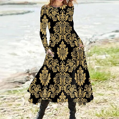 

Women's Casual Dress Swing Dress Midi Dress Yellow Gray Black Long Sleeve Floral Pocket Print Winter Fall Vacation Casual Fall Dress 2022 S M L XL XXL 3XL / Winter Dress