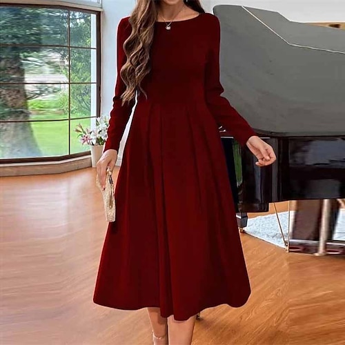 

Women's Casual Dress Swing Dress Midi Dress Green Yellow Wine Long Sleeve Pure Color Ruched Winter Fall Autumn Crew Neck Winter Dress Fall Dress 2022 S M L XL XXL 3XL