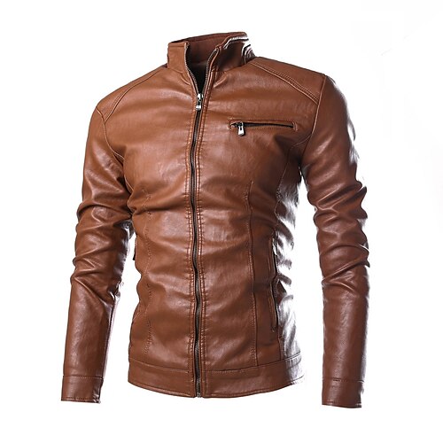 

Men's Faux Leather Jacket Durable Casual / Daily Daily Wear Vacation To-Go Zipper Standing Collar Comfort Leisure Jacket Outerwear Solid / Plain Color Pocket Brown Black