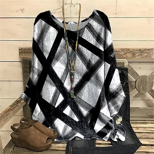 

Women's Plus Size Tops Blouse Shirt Geometry Print Long Sleeve Crewneck Casual Daily Vacation Polyester Winter Fall Black