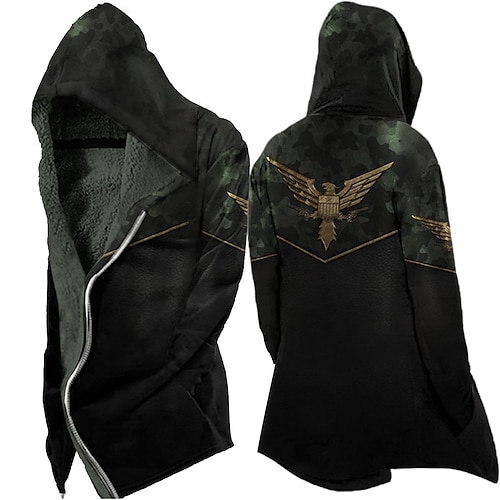 

Men's Jacket Fleece Lining With Pockets Daily Wear Vacation Going out Zipper Hoodie Streetwear Sport Casual Jacket Outerwear Eagle Front Pocket Fleece Print Green